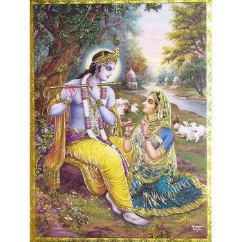 Lord Krishna teaching Radha to play flute
